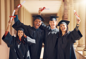 Students, hands up or graduation success with diploma paper, certificate documents or degree in school diversity, university or college campus. Portrait, smile or happy graduate friends, men or women.
