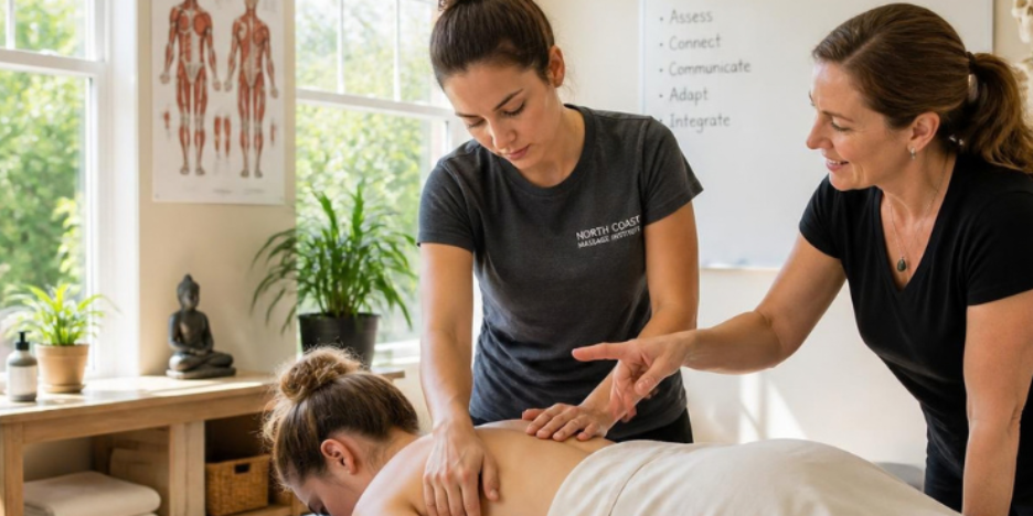 Instructor teaching student massage techniques