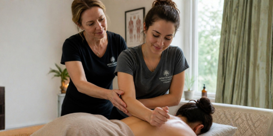 Instructor teaching student massage techniques